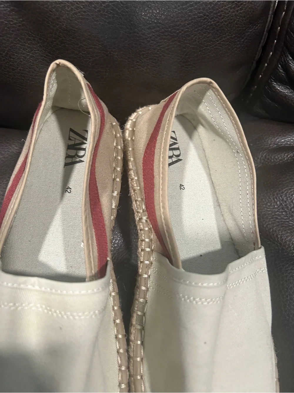 Zara Cream Canvas Slip-On Espadrilles with Red Heel Stripe